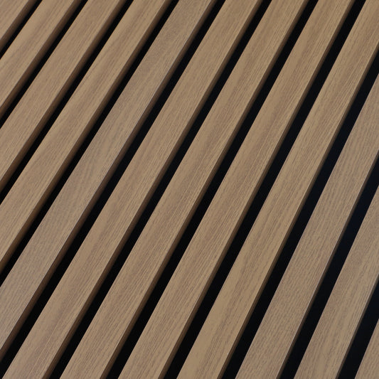 Close-up of Royal Oak wood grain slats and contrasting black gaps