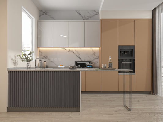 Oak Gray WPC Fluted 3D Wall Panels. NewGen Depot. Kitchen Design From WPC Fluted Wall Panels