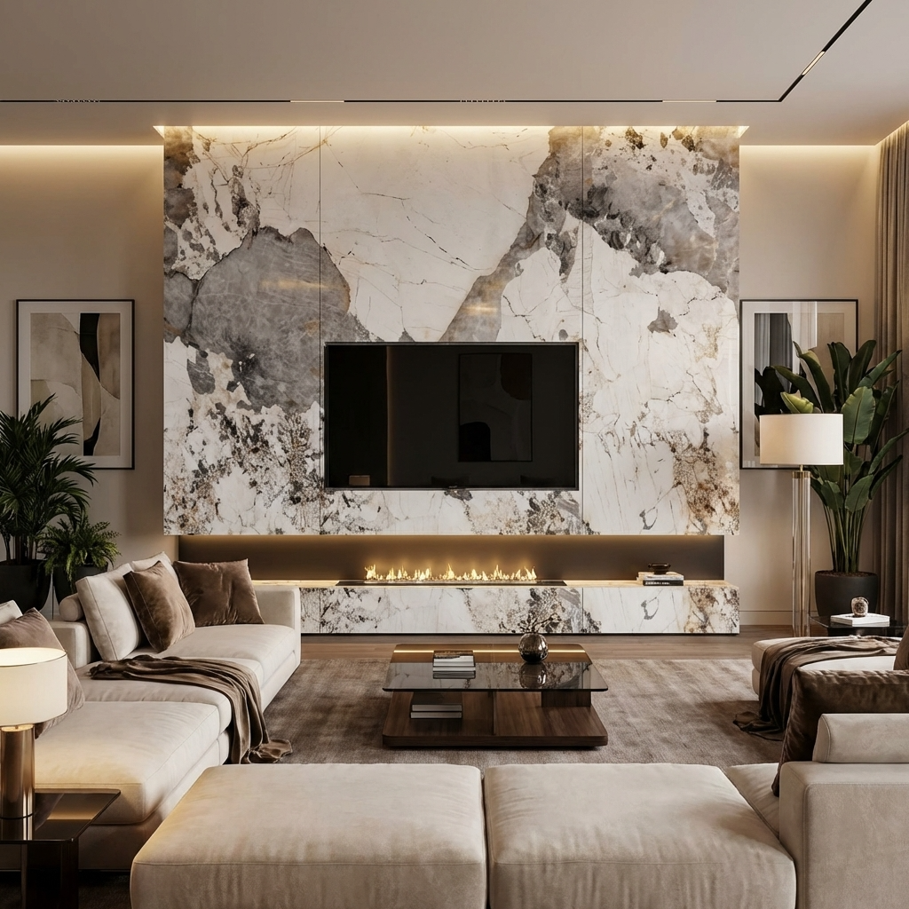 modern TV wall with wood veneer panels granite finish design