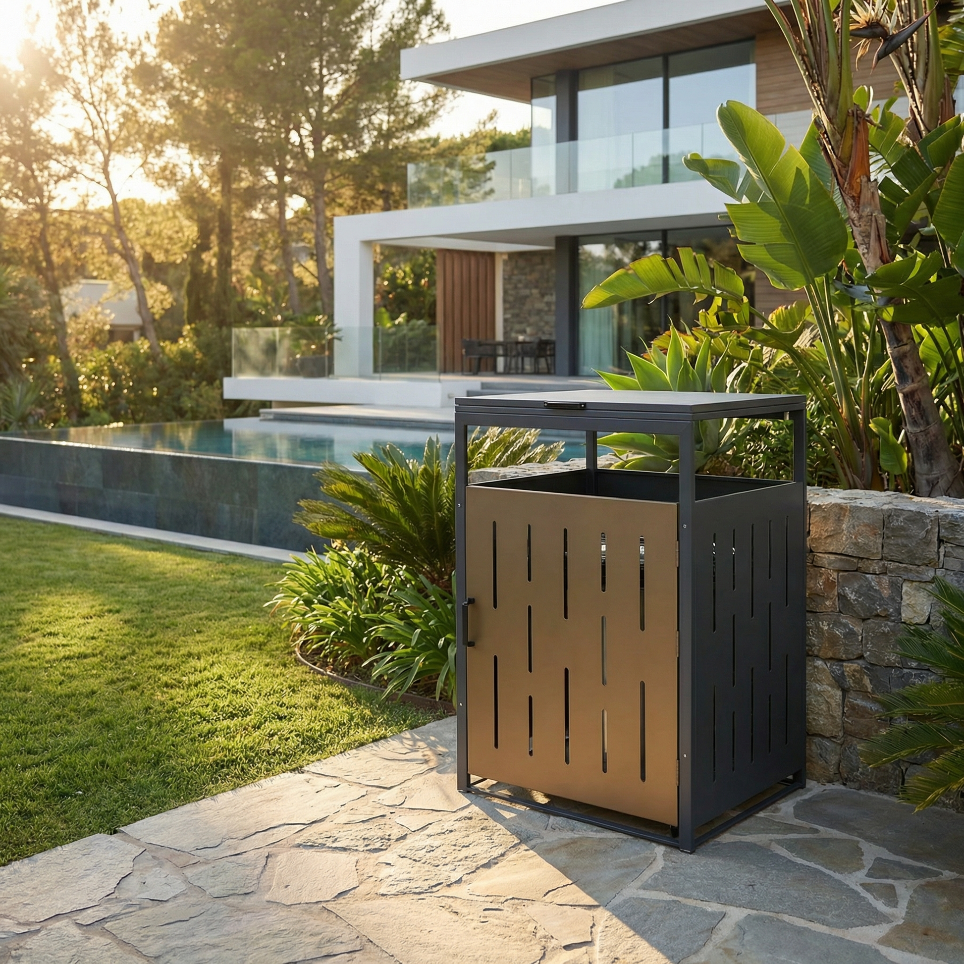 Outdoor aluminum trash bin enclosure beside pool in modern residential garden