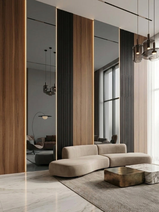 Gray Mirror Wood Veneer Panel – 9x4 ft,  Fireproof, Waterproof & Scratch-Resistant