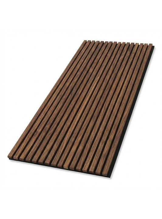 Walnut acoustic wood slat wall panel with black felt backing for modern soundproof interior design