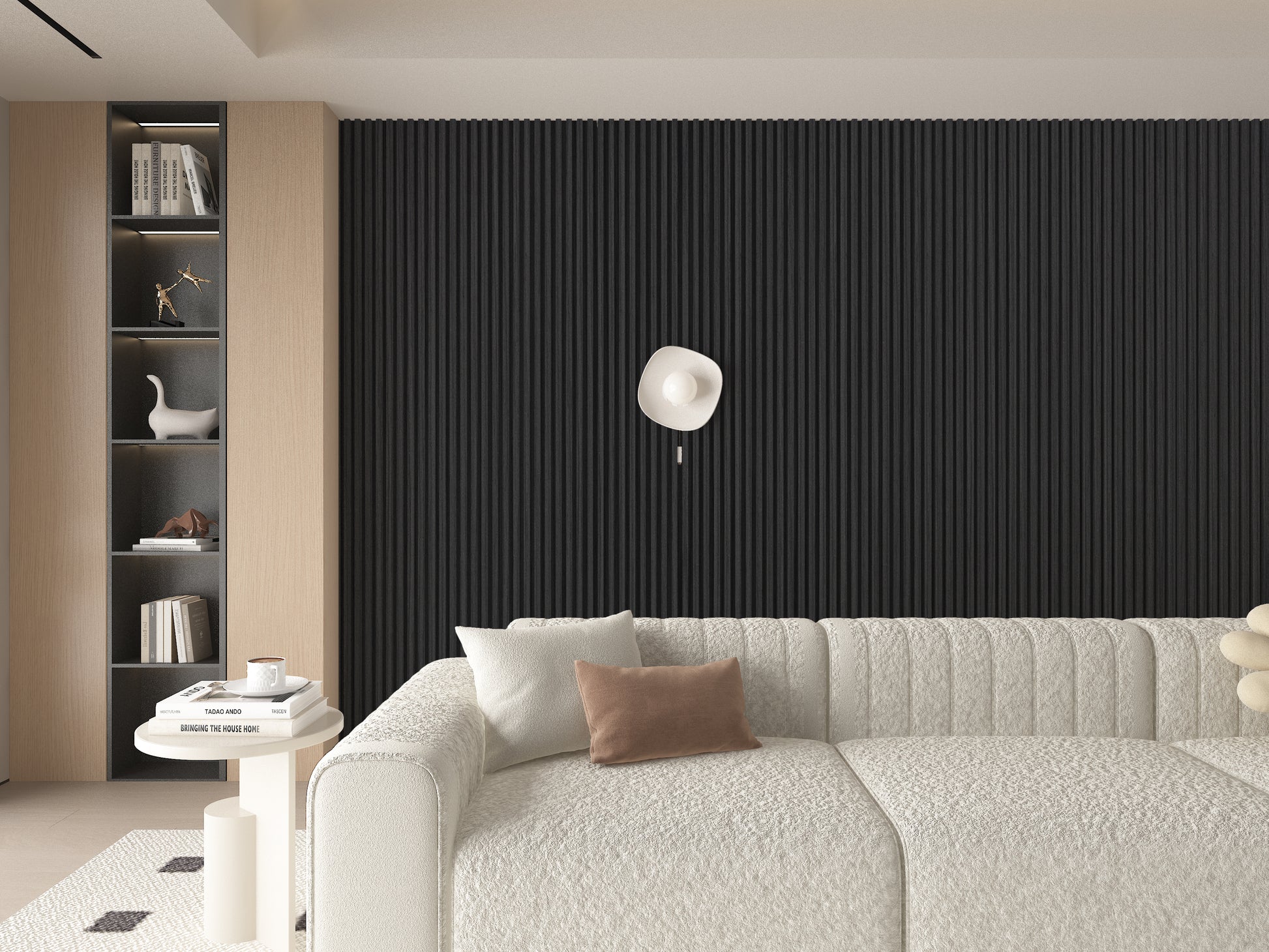 Black Timber WPC Fluted 3D Wall Panels. NewGen Depot. Living Room Design With WPC Fluted Wall Panels
