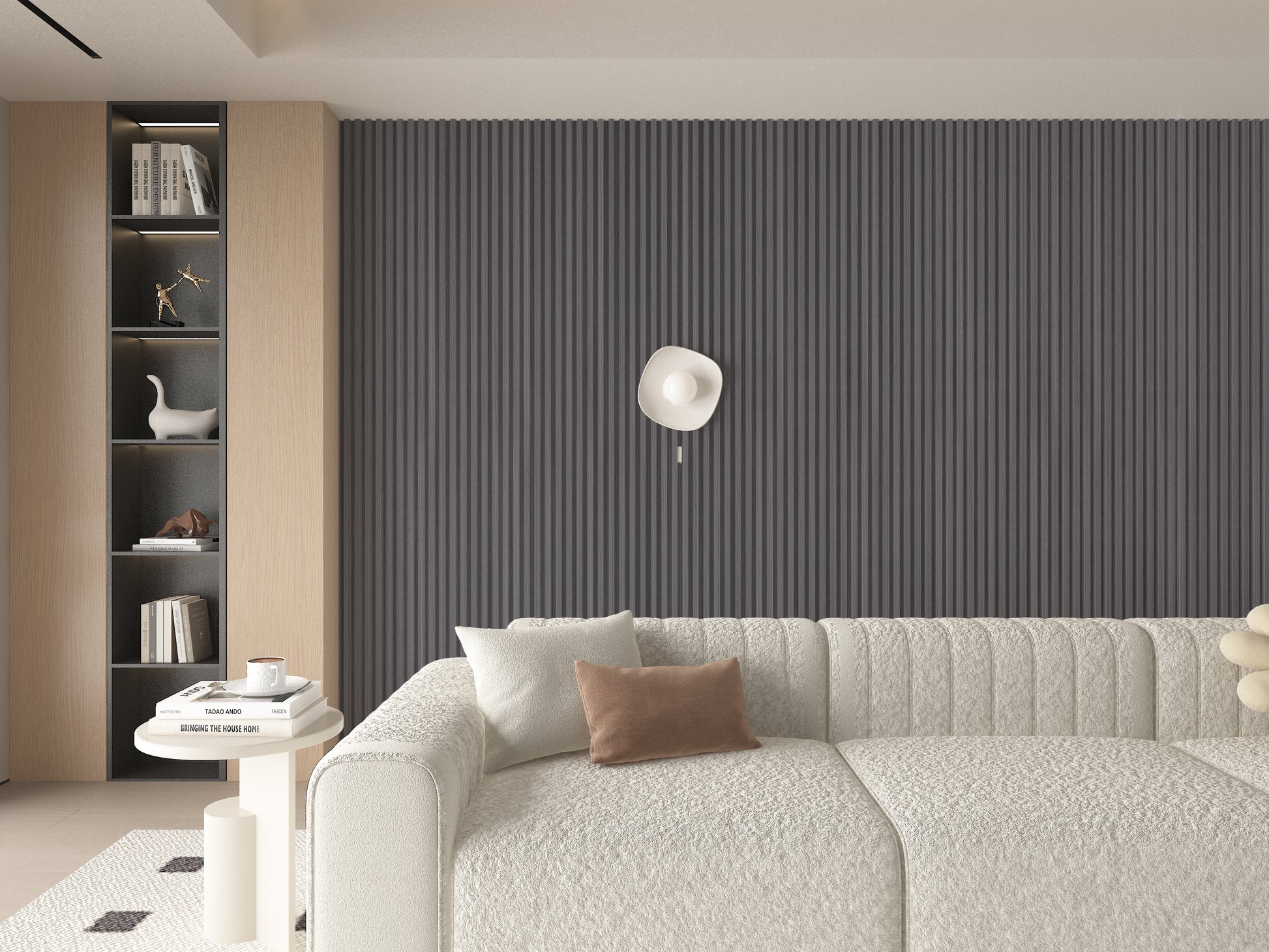 Oak Gray WPC Fluted 3D Wall Panels. NewGen Depot. Living Room Design With WPC Fluted Wall Panels