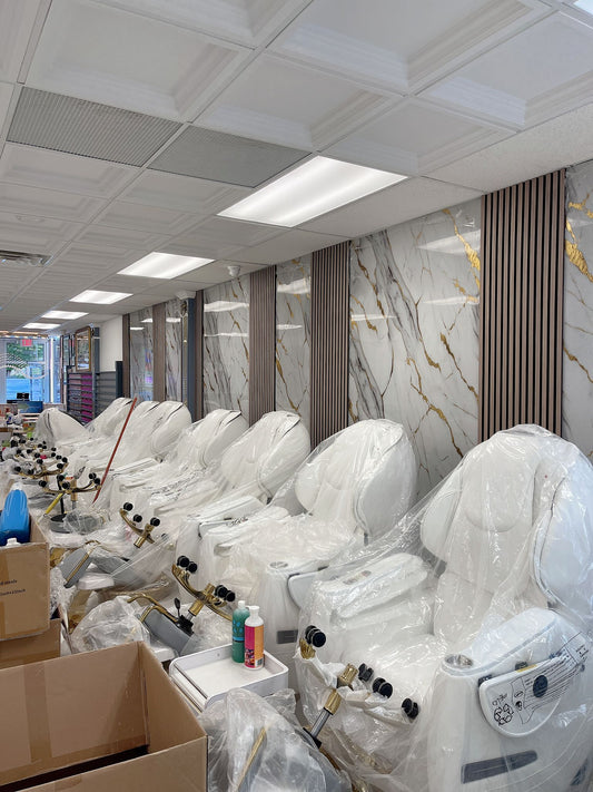 Luxury barber shop interior with PVC marble wall panels