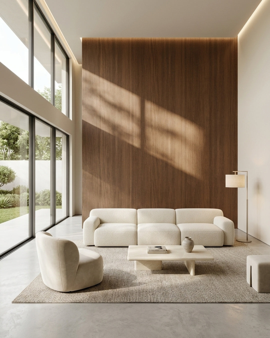 Walnut wood veneer accent wall in a modern living room with white seating and tall windows