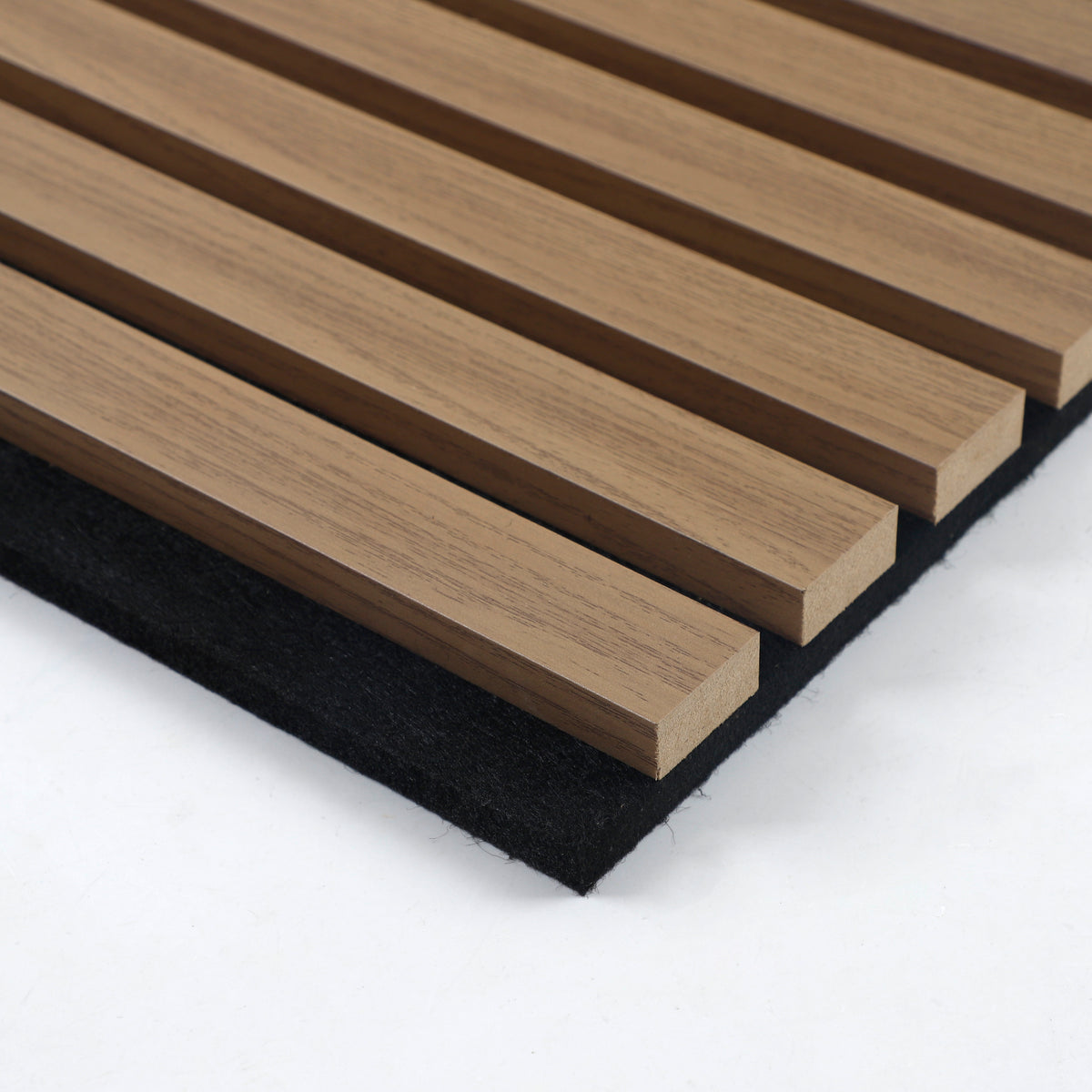 Corner detail of Royal Oak slats with premium 3-sided veneer on black acoustic backing