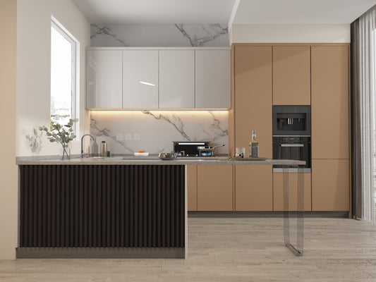 Walnut Ink WPC Fluted 3D Wall Panels. NewGen Depot. Kitchen Design From WPC Fluted Wall Panels