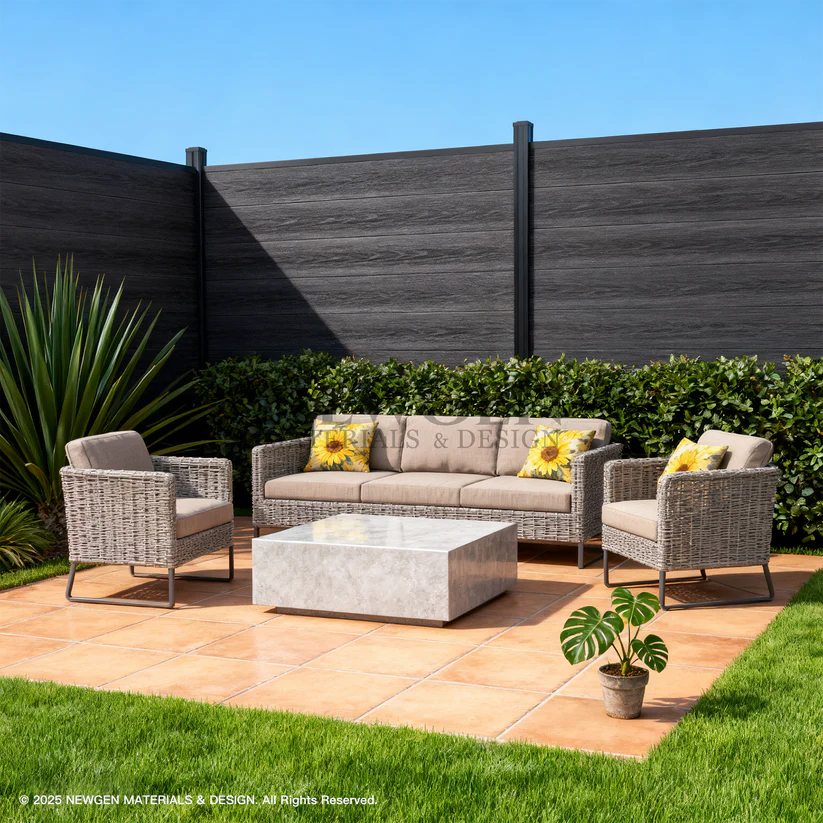 Black composite fence system horizontal boards outdoor installation