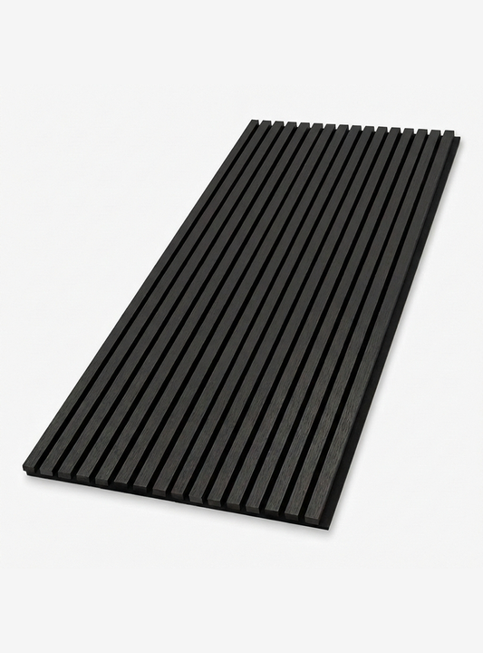 Black acoustic wood slat wall panel with black felt backing for modern soundproof interior design