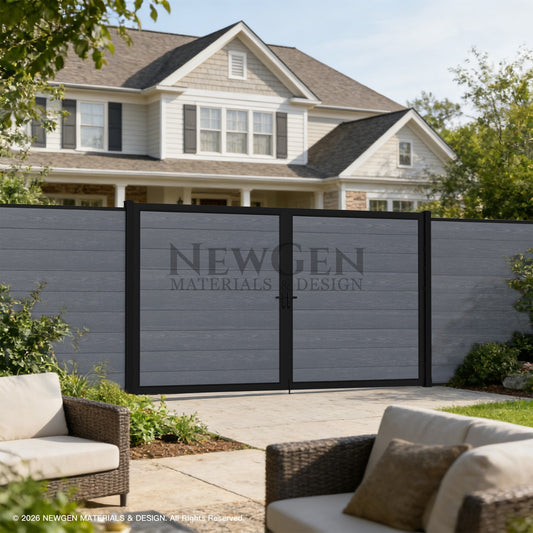 Light gray composite double fence gate for driveway