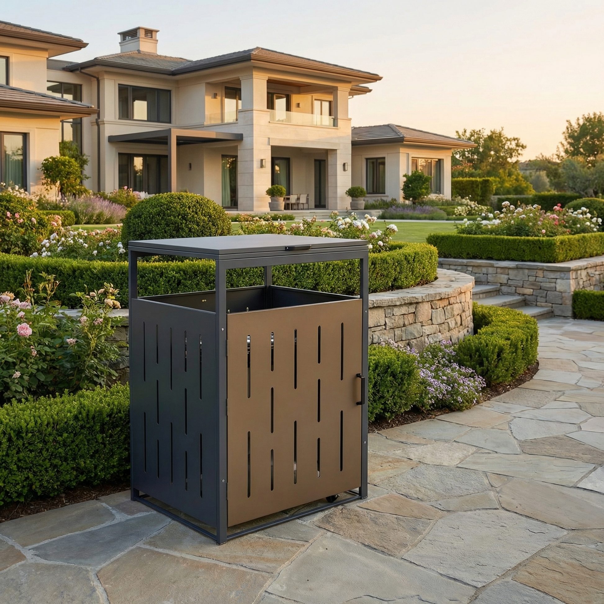 Aluminum outdoor waste bin enclosure with ventilated slotted panel