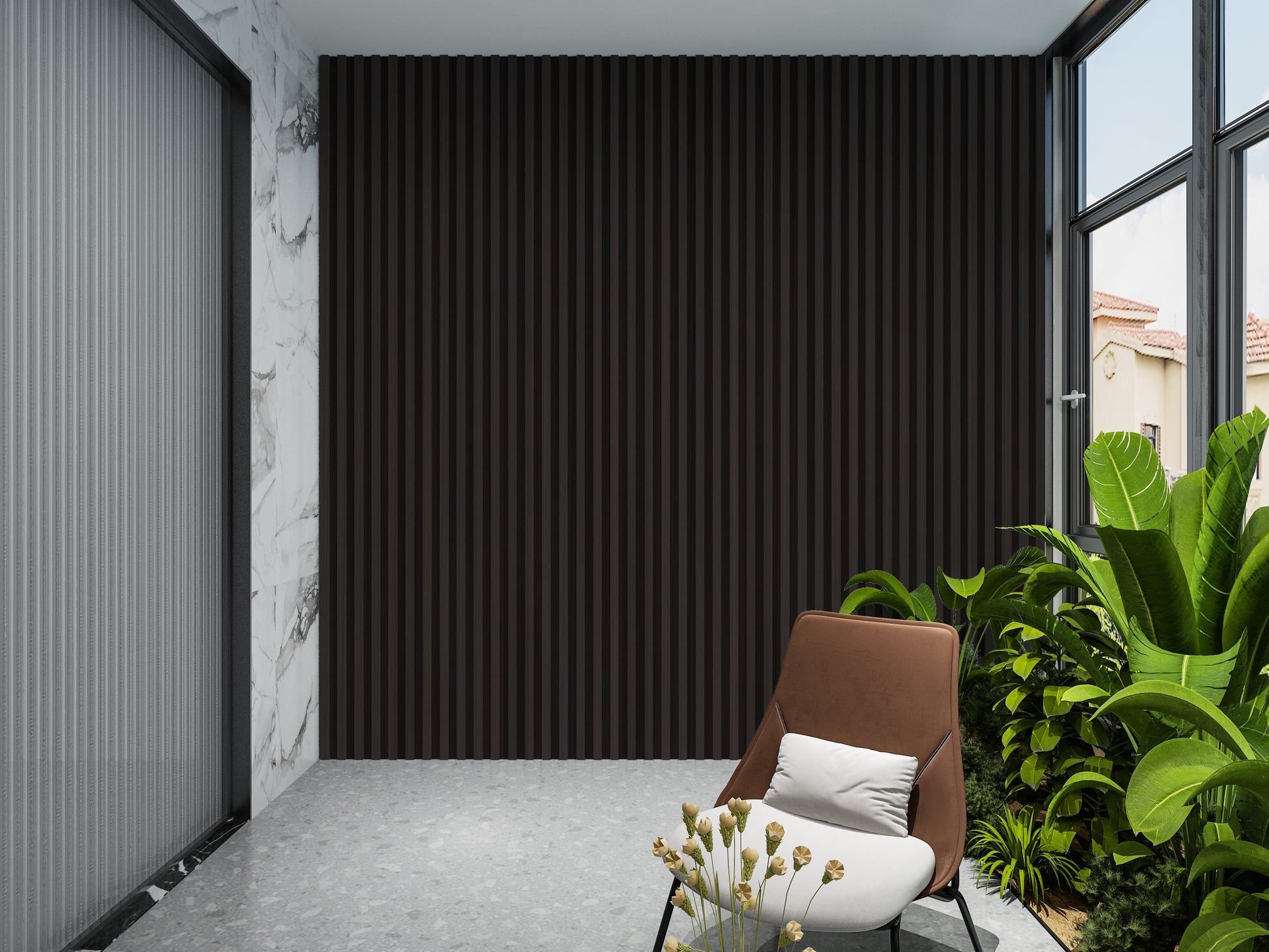 Walnut Ink WPC Fluted 3D Wall Panels. NewGen Depot. Balcony Design With WPC Fluted Wall Panels