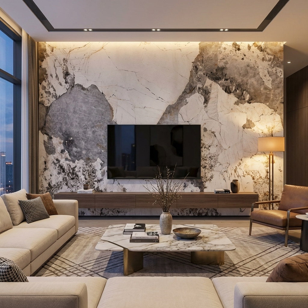 TV wall with wood veneer panels granite finish interior design