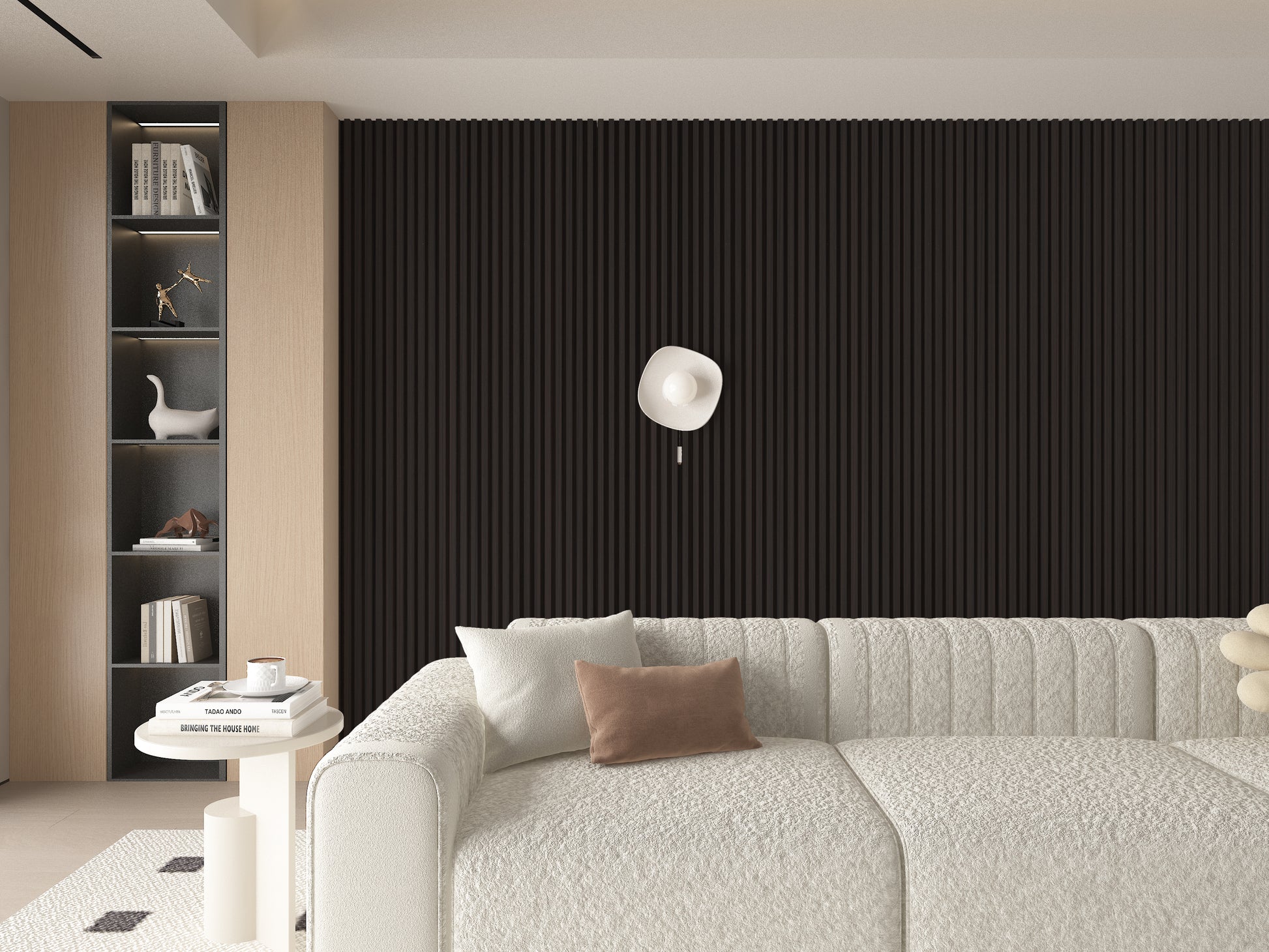 Walnut Ink WPC Fluted 3D Wall Panels. NewGen Depot. Living Room Design With WPC Fluted Wall Panels