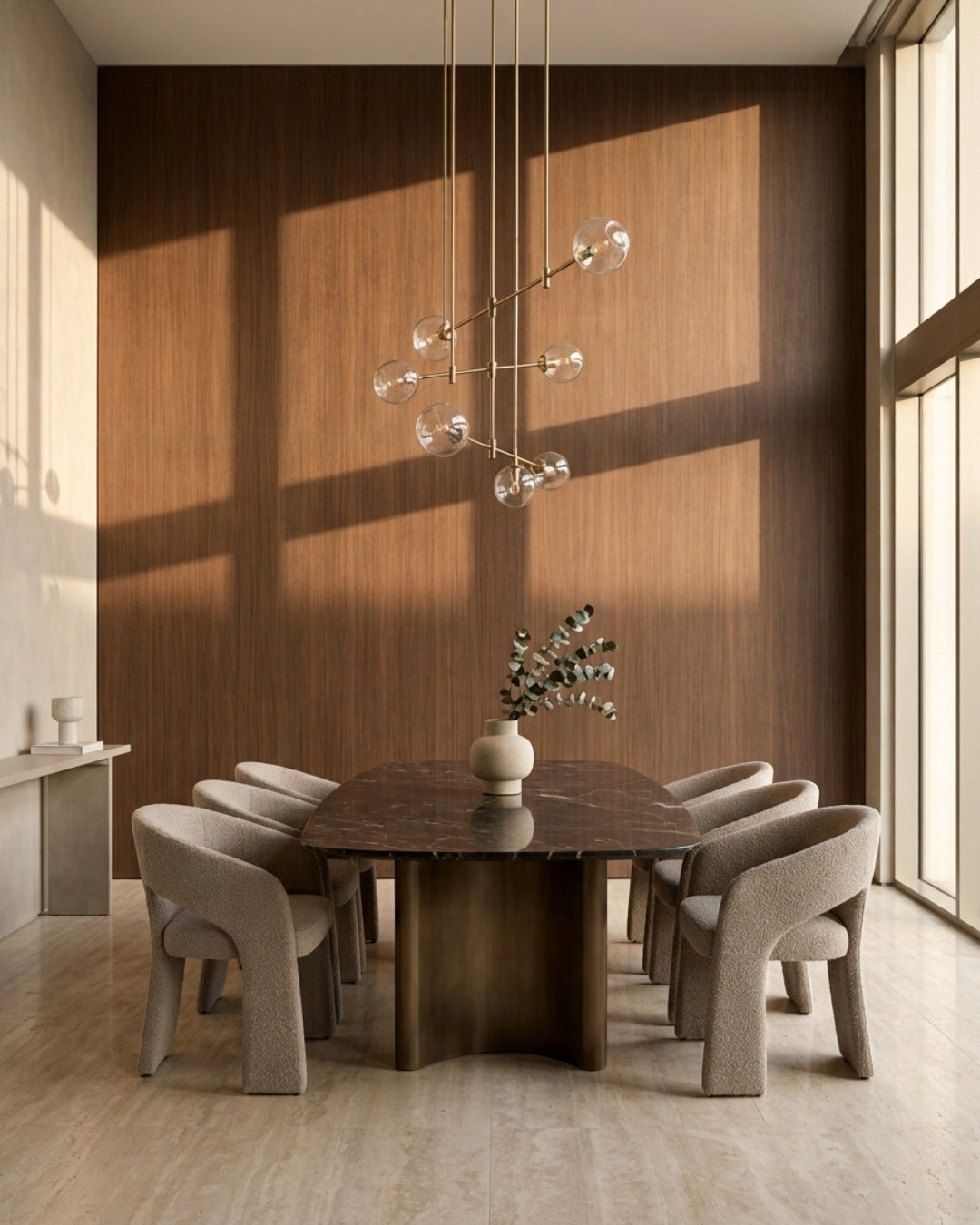 Walnut wood veneer wall paneling in a sunlit dining room with a dark oval table