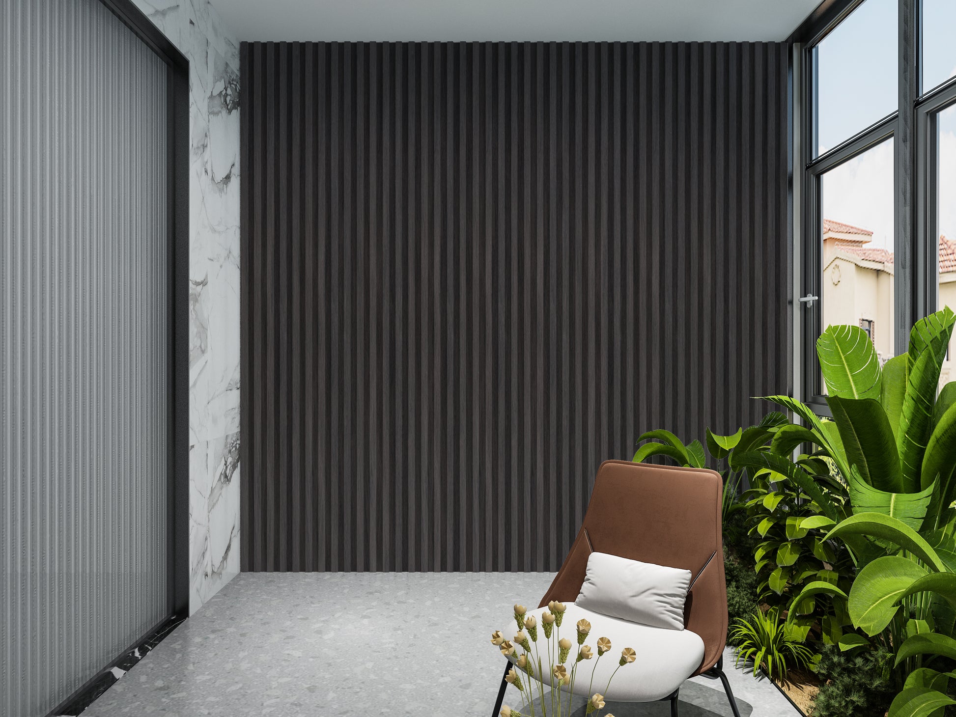 Dark Smoky Oak WPC Fluted 3D Wall Panels. NewGen Depot. Balcony Design With WPC Fluted Wall Panels
