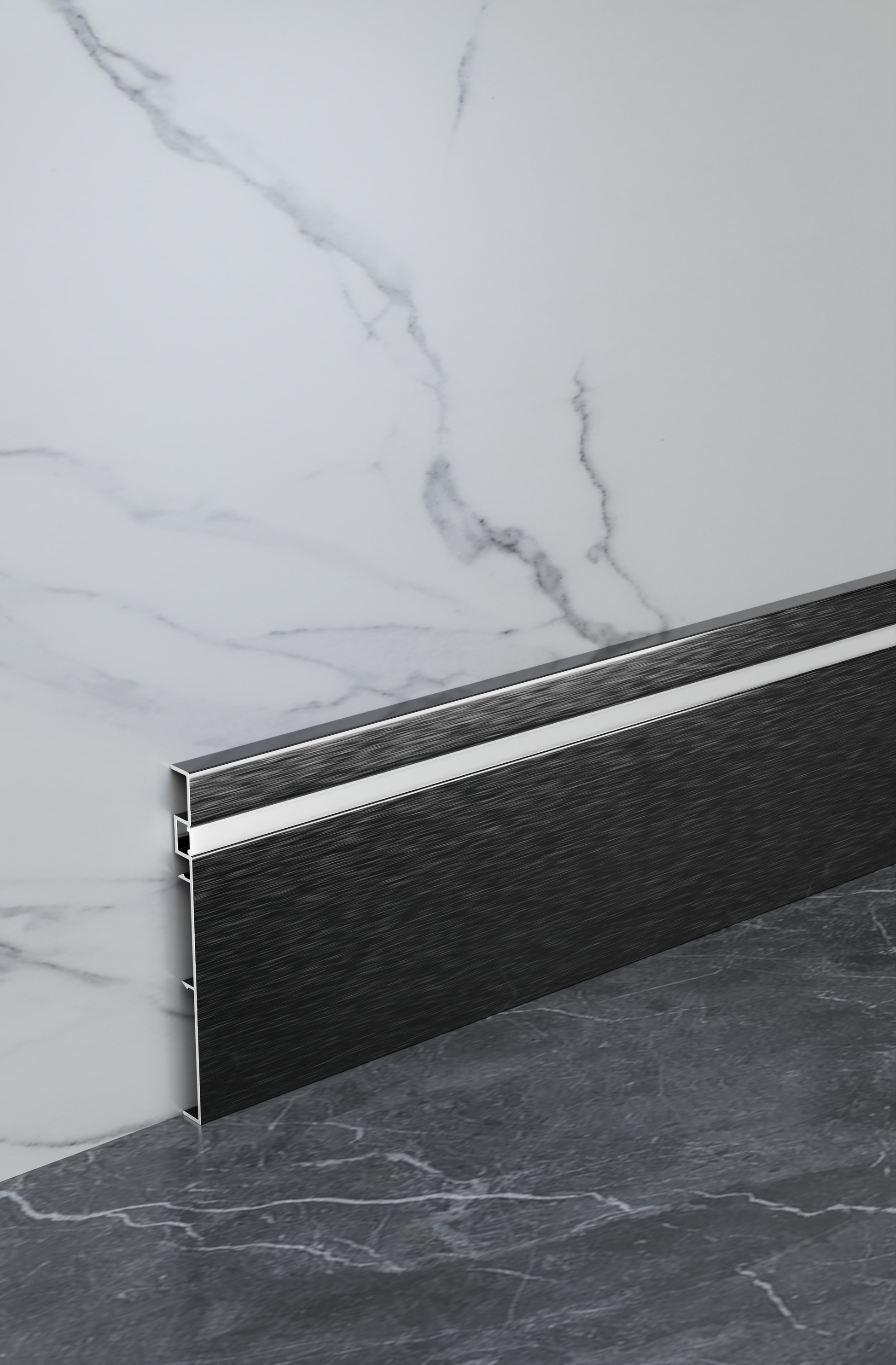 Aluminum LED skirting baseboard channel system, 3.3 ft long, 4-inch height, surface-mounted along wall with LED strip.