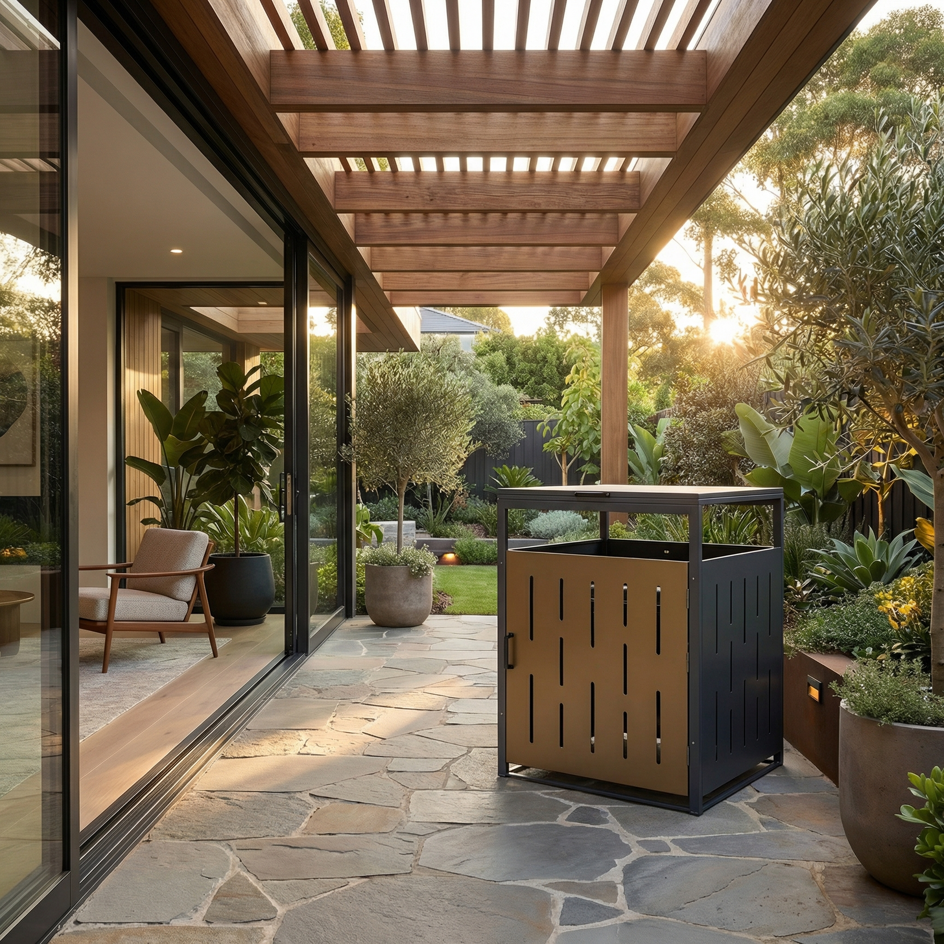 Durable aluminum construction of outdoor waste bin enclosure with rust-resistant finish