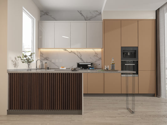 Dark Walnut WPC Fluted 3D Wall Panels. NewGen Depot. Kitchen Design From WPC Fluted Wall Panels