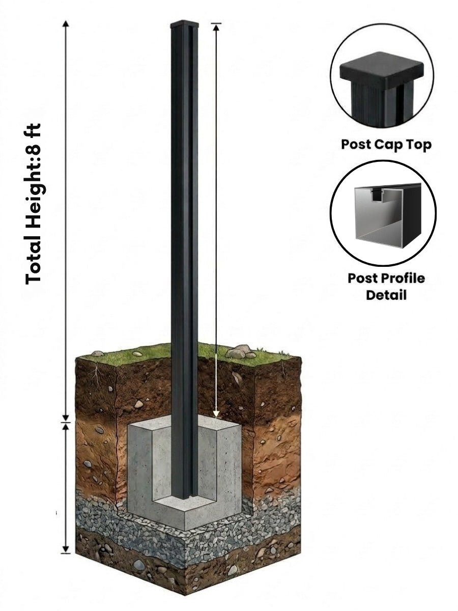 Black 8-foot in-ground gate post set in a concrete footing with post cap and profile detail insets