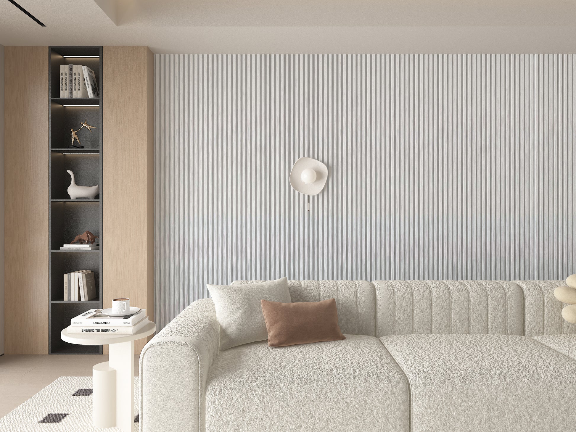 White Brushed WPC Fluted 3D Wall Panels. NewGen Depot. Living Room Design With WPC Fluted Wall Panels