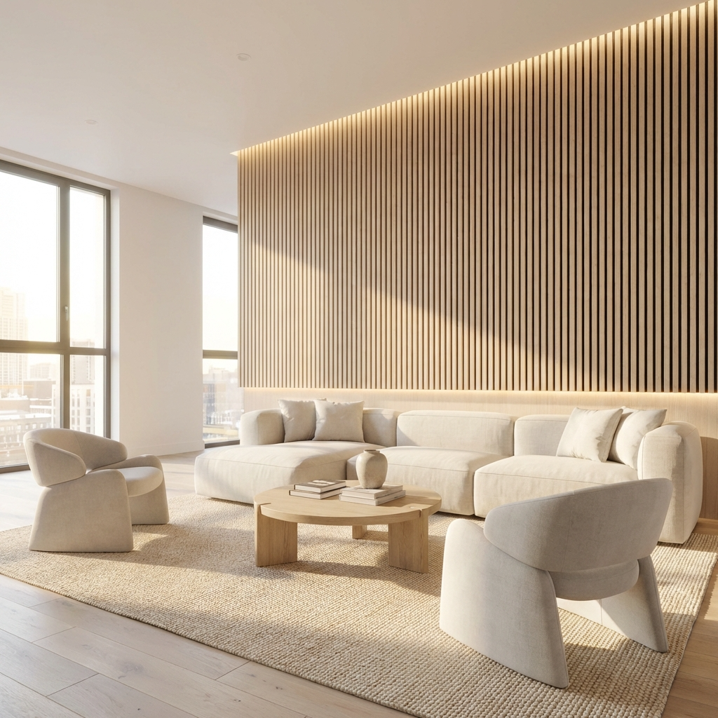Living room with oak acoustic slat wall panel feature wall and warm LED lighting