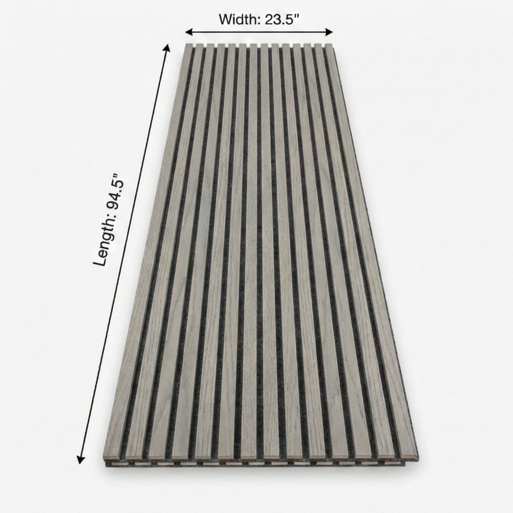 Ash gray acoustic wood slat wall panel 94.5 inches length and 23.5 inches width with black felt backing