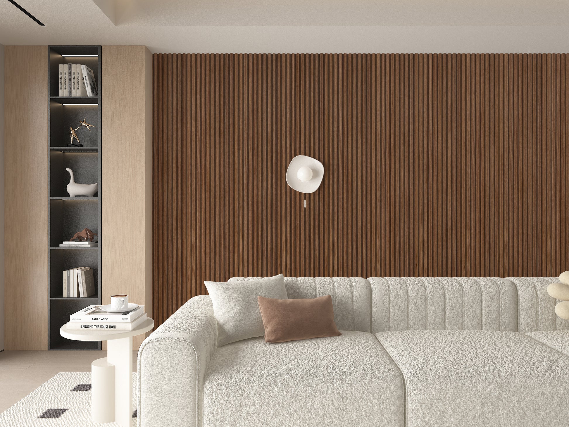 Midnight Elm WPC Fluted 3D Wall Panels. NewGen Depot. Living Room Design With WPC Fluted Wall Panels