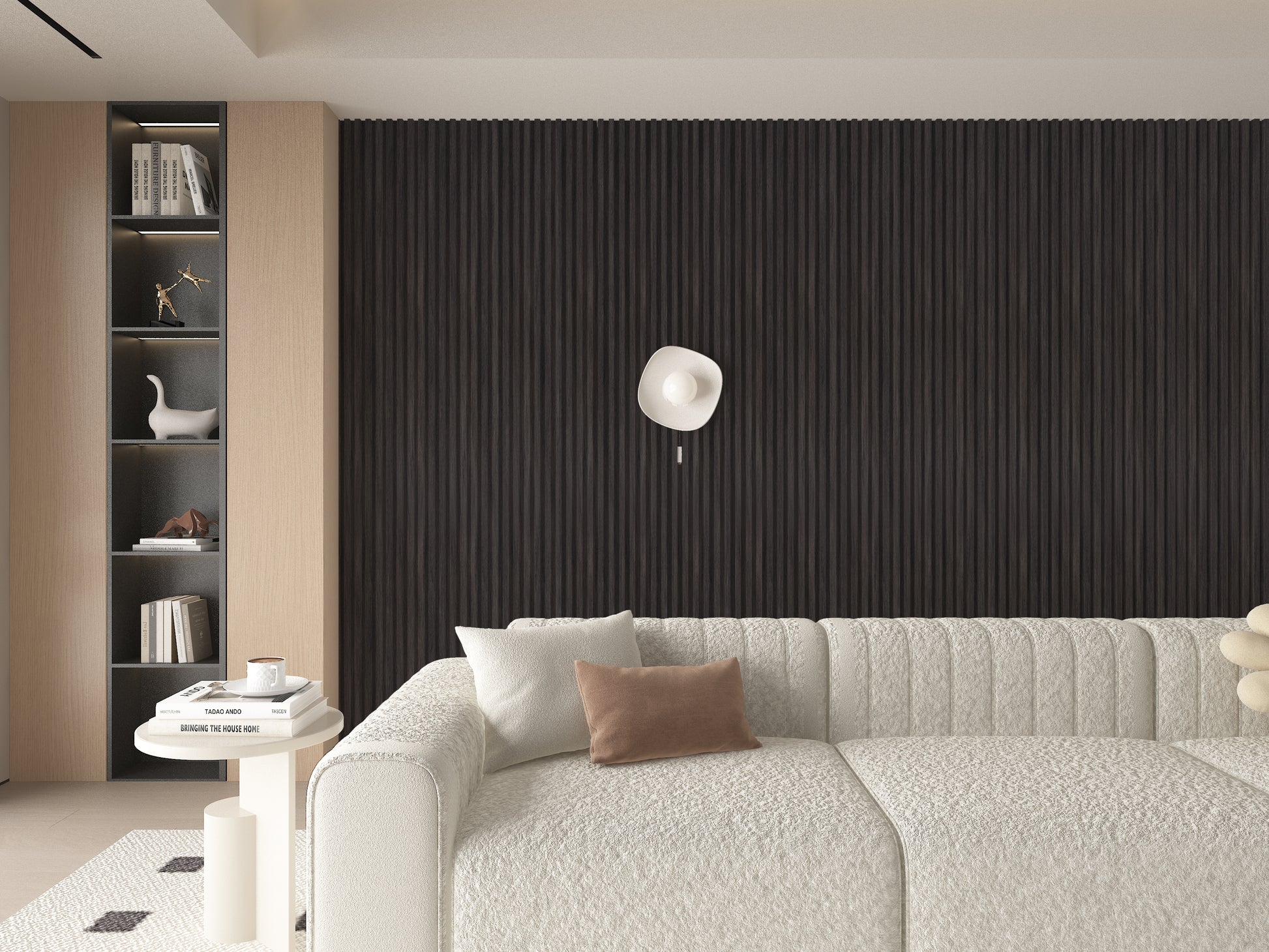 Dark Smoky Oak WPC Fluted 3D Wall Panels. NewGen Depot. Living Room Design With WPC Fluted Wall Panels