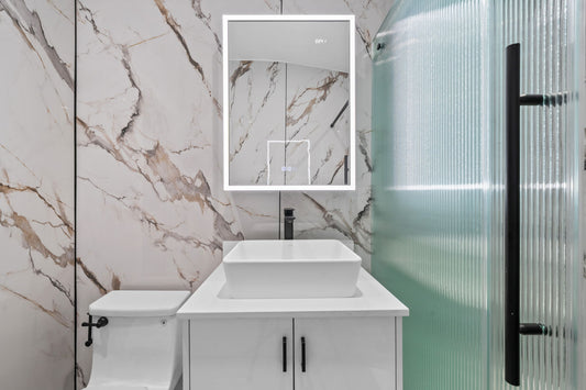 PVC marble sheet bathroom wall design with mirror and vanity