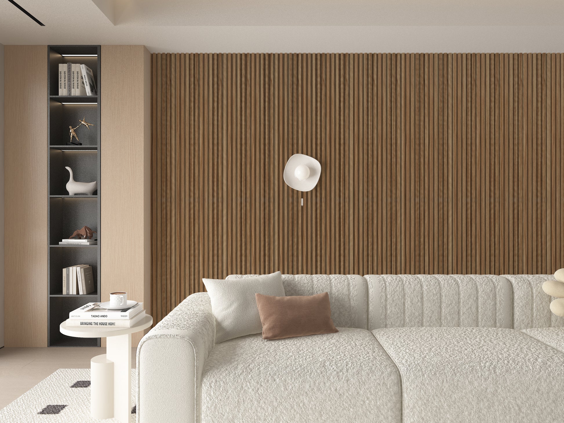 Rustic Maple WPC Fluted 3D Wall Panels. NewGen Depot. Living Room Design With WPC Fluted Wall Panels