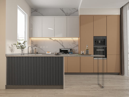 Silver Gray Metallic WPC Fluted 3D Wall Panels. NewGen Depot. Kitchen Design From WPC Fluted Wall Panels