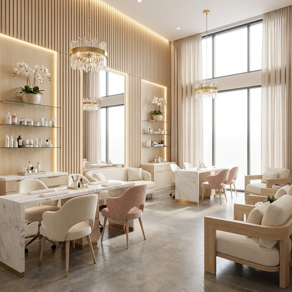 Luxury salon interior with oak acoustic slat wall panel feature wall and LED lighting
