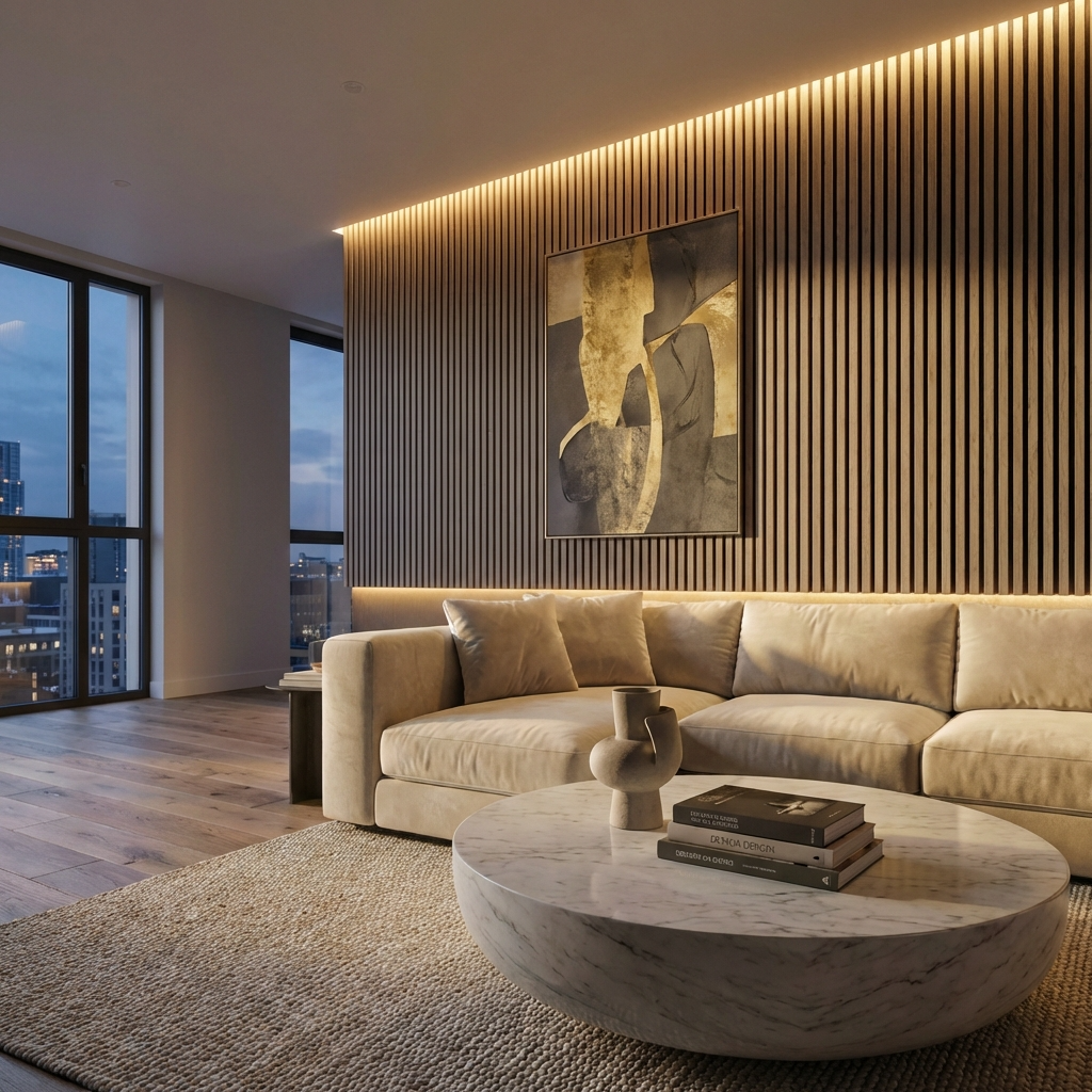 Modern living room with ash gray acoustic slat wall panel feature wall and warm LED backlighting