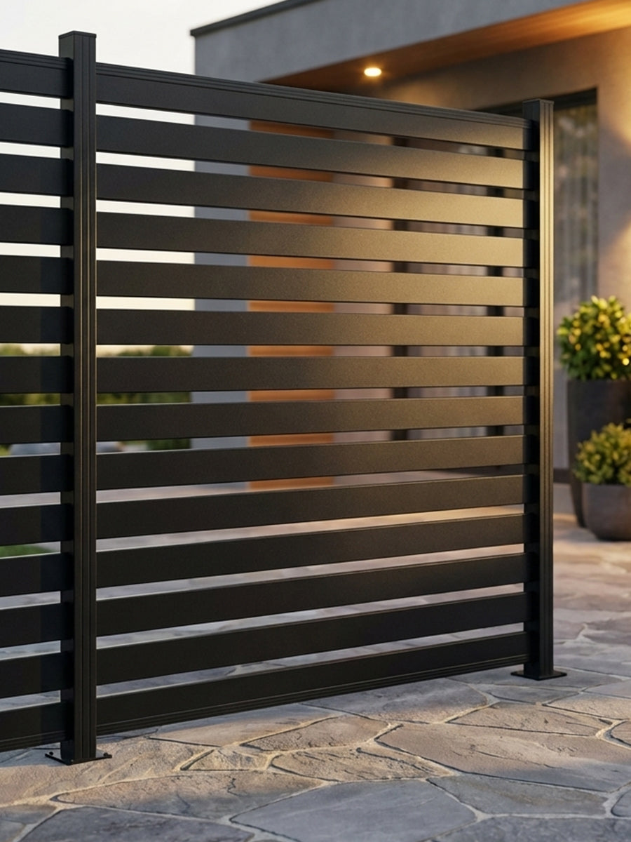 Modern black aluminum semi privacy fence 6x6 ft stylish backyard enclosure