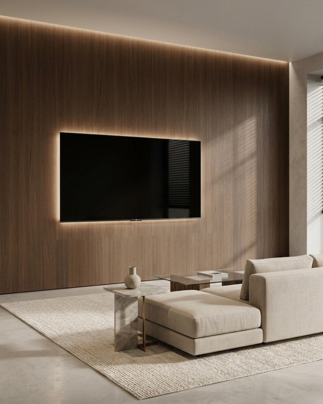 Walnut wood veneer media wall with a mounted TV and warm backlighting in a modern living room