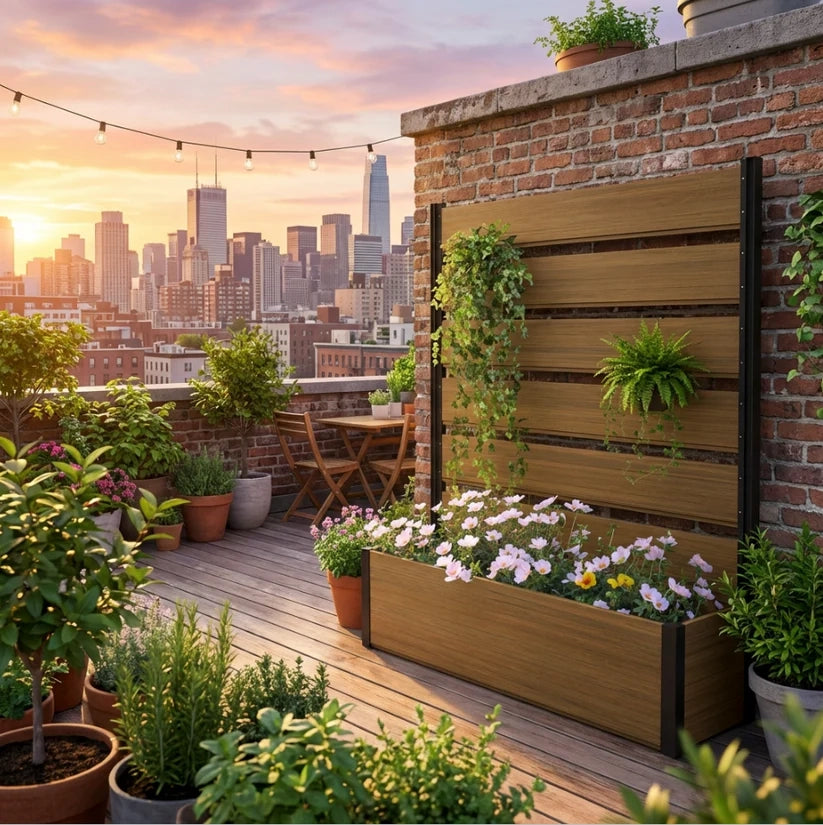 Modern rooftop raised garden box with trellis