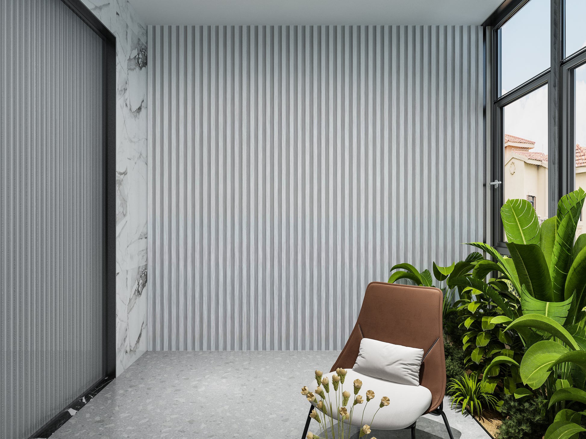 White Brushed WPC Fluted 3D Wall Panels. NewGen Depot. Balcony Design With WPC Fluted Wall Panels