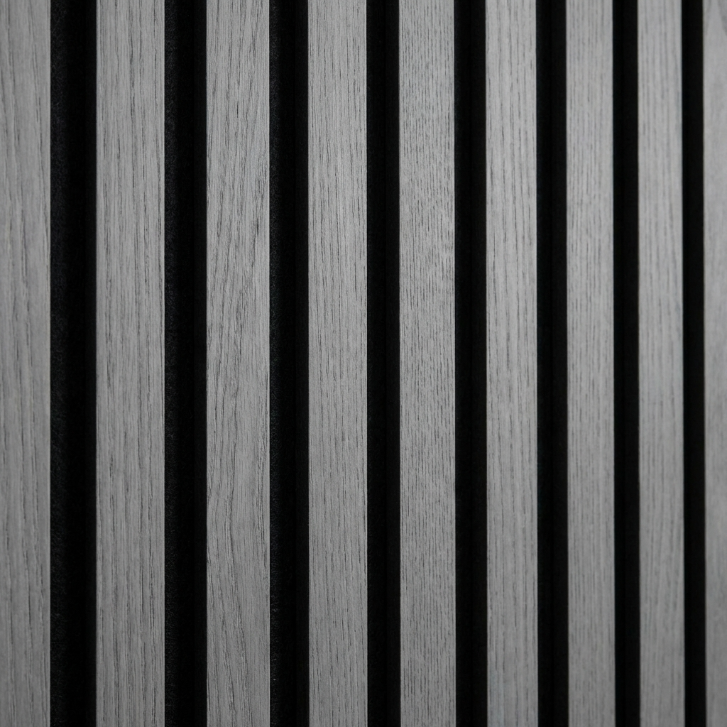 Ash gray acoustic slat wall panel close-up with black felt backing