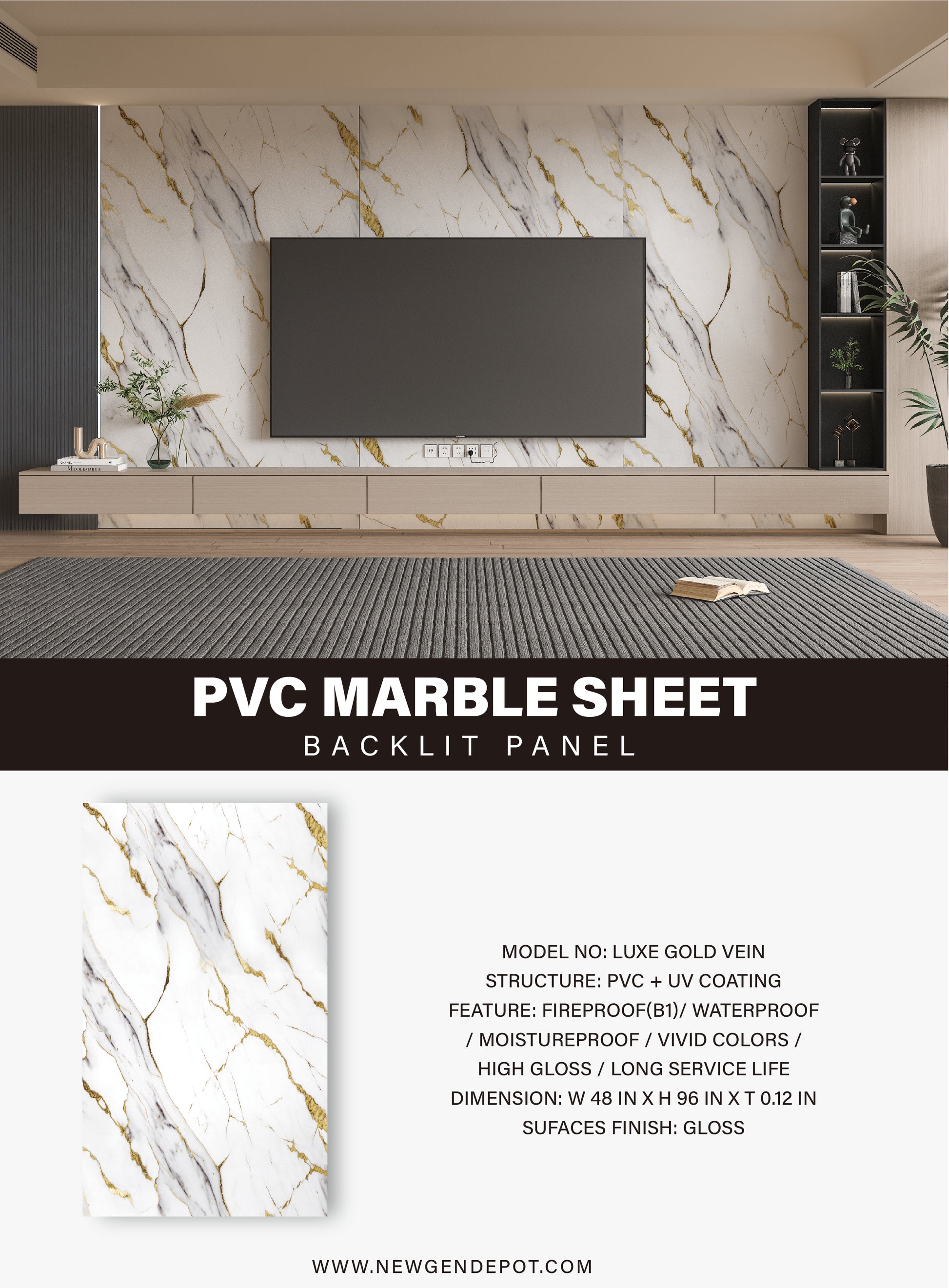 PVC 3D Marble Sheet Luxe Gold Vein Specifications. NewGen Depot