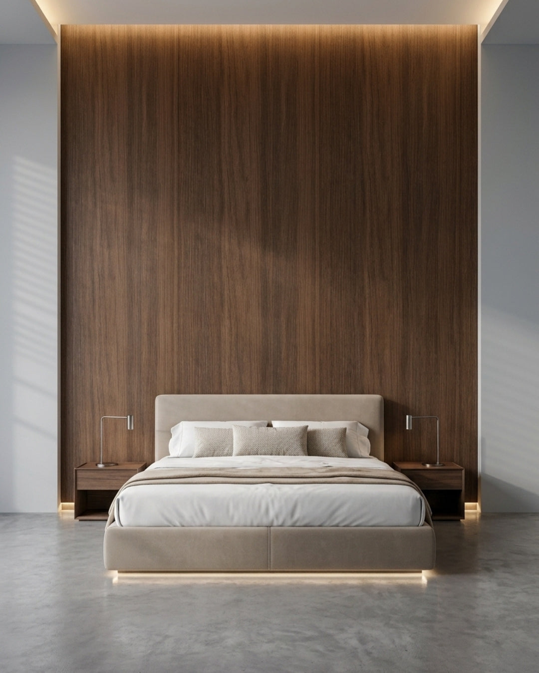 Walnut wood veneer panels forming a floor-to-ceiling bedroom feature wall behind a bed