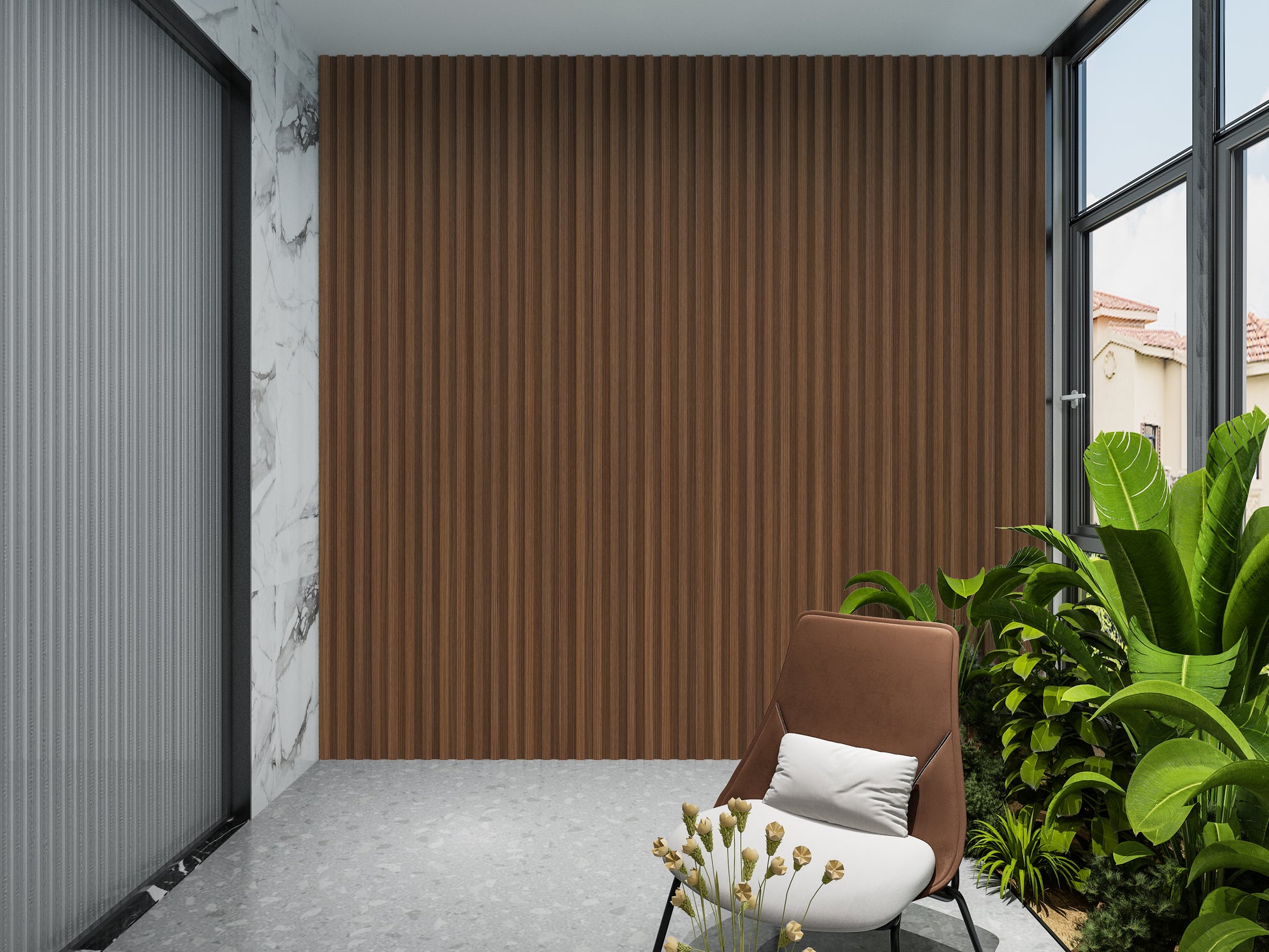 Midnight Elm WPC Fluted 3D Wall Panels. NewGen Depot. Balcony Design With WPC Fluted Wall Panels