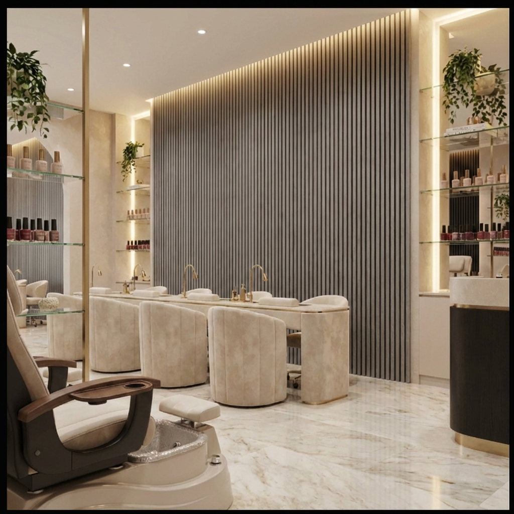 Luxury salon interior with ash gray acoustic slat wall panel feature wall and warm LED lighting