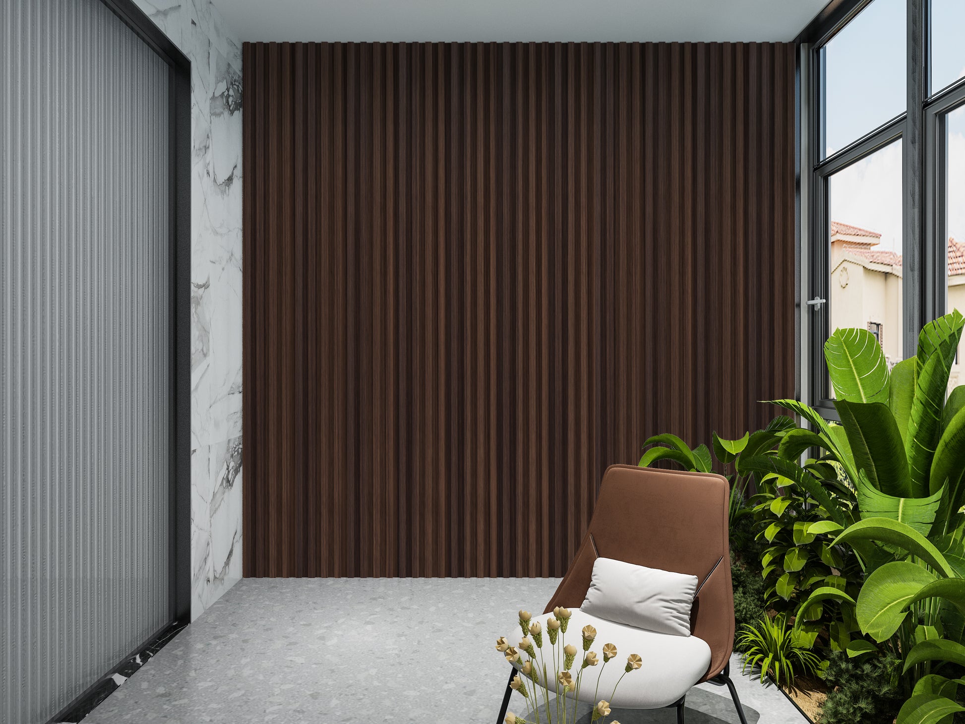 Dark Walnut WPC Fluted 3D Wall Panels. NewGen Depot. Balcony Design With WPC Fluted Wall Panels