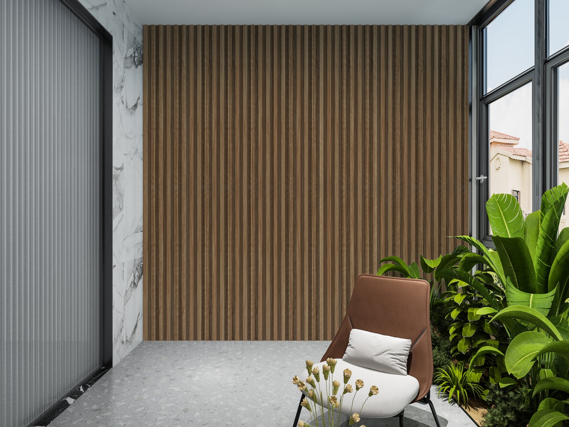 Rustic Maple WPC Fluted 3D Wall Panels. NewGen Depot. Balcony Design With WPC Fluted Wall Panels