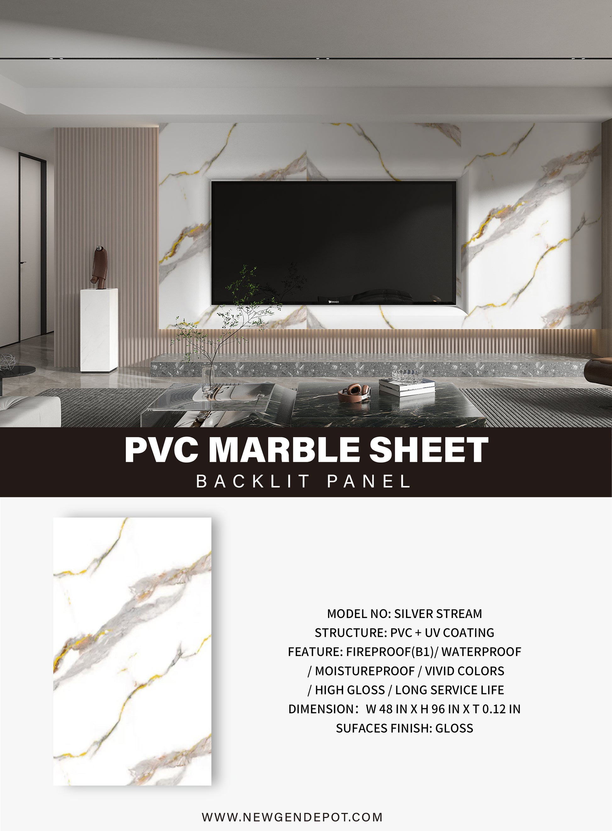 PVC 3D Marble Sheet Silver Stream Specifications. NewGen Depot