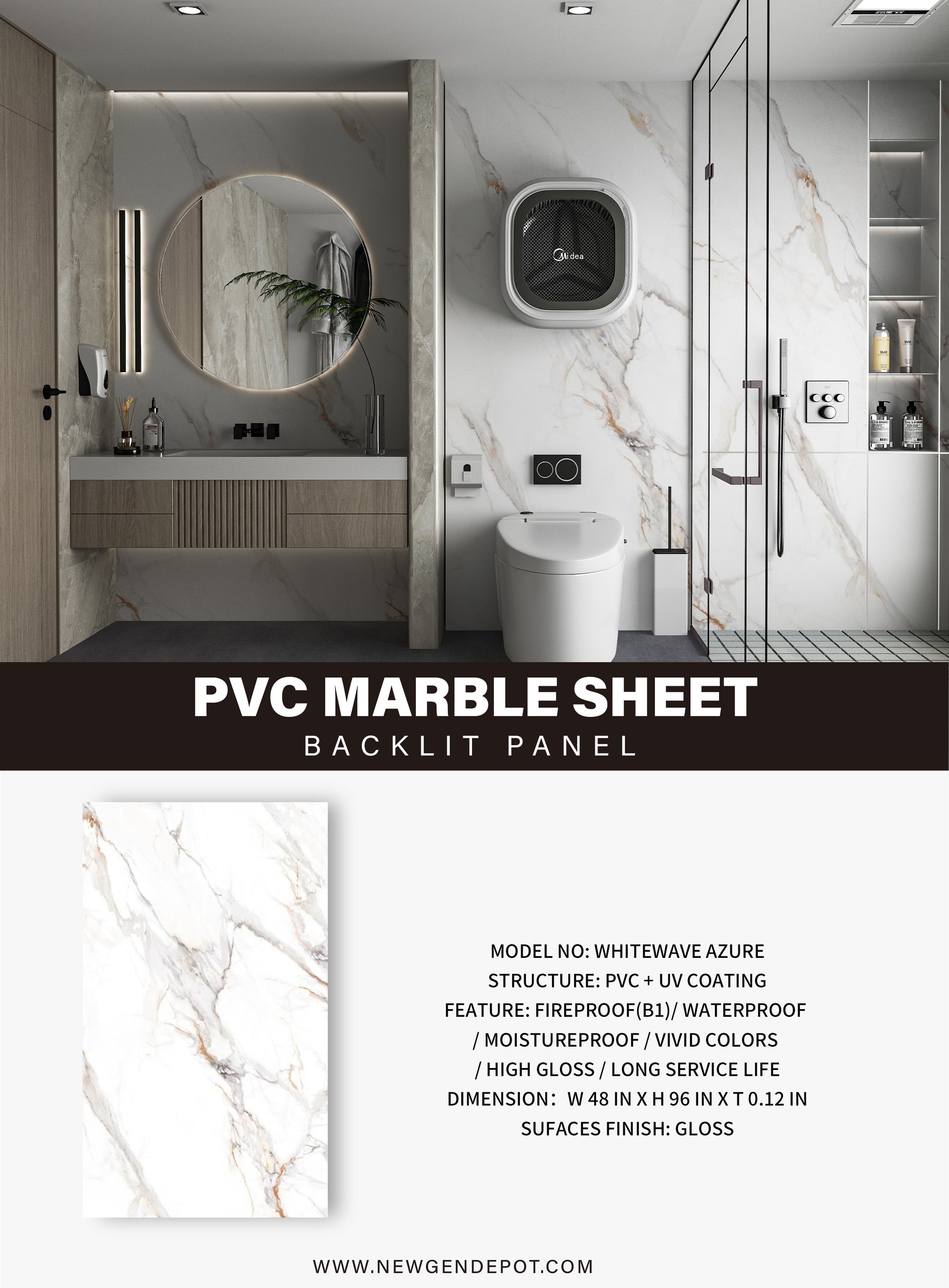 PVC 3D Marble Sheet Whitewave Azure Specifications. NewGen Depot