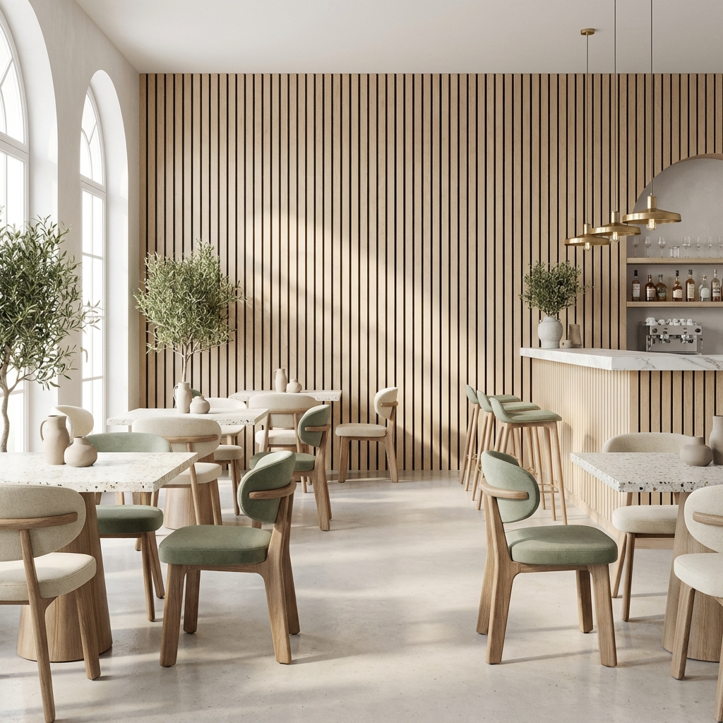 Modern cafe interior with oak acoustic slat wall panel feature wall