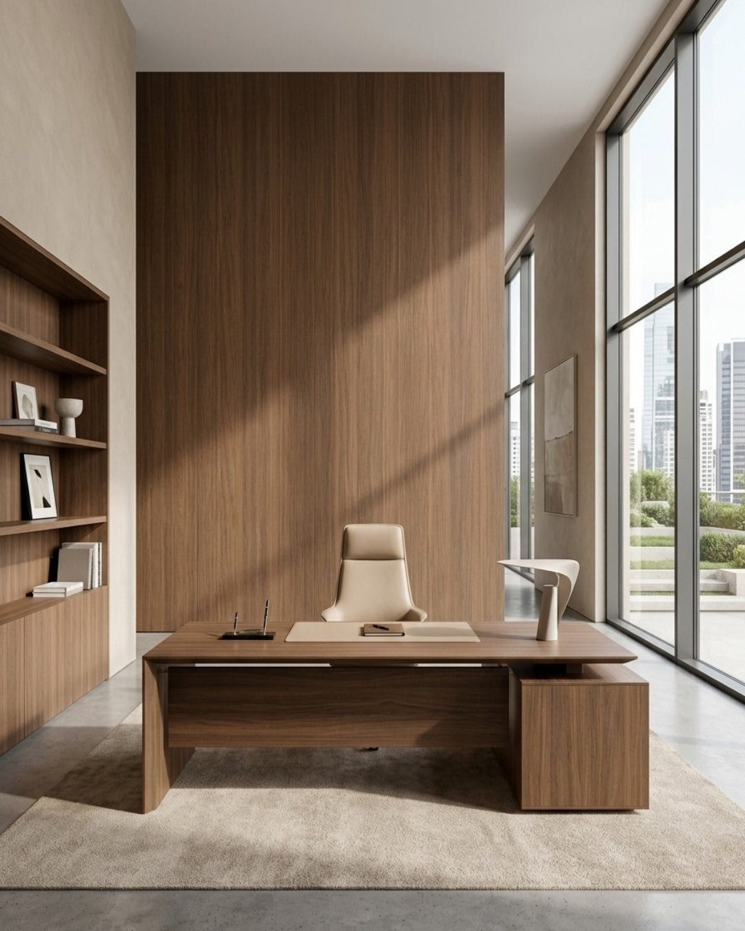 Walnut wood veneer accent wall and matching built-ins in a modern executive office